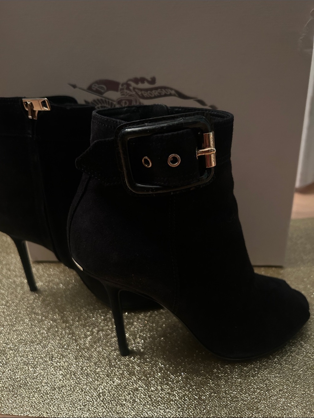Burberry Black Suede Ankle Booties with Buckle Accent